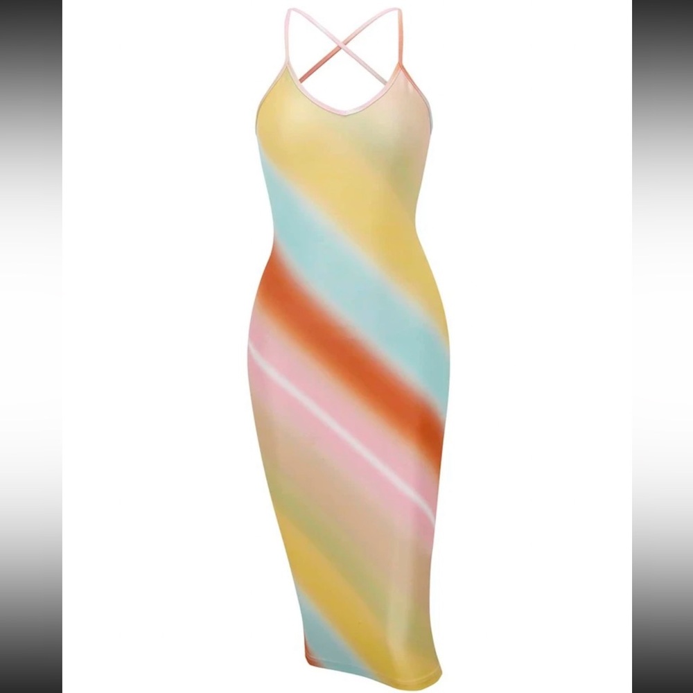 Rainbow colorful pastel midi spaghetti strap dress shein size small